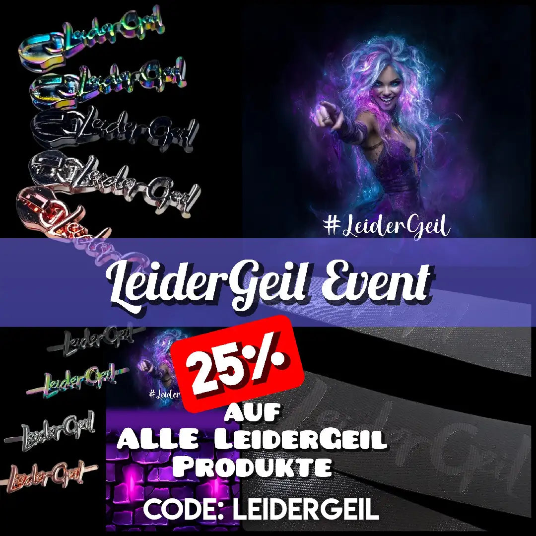 Schillernde Metall-„leidergeil“-Logo-Anhänger in verschiedenen Ausführungen.