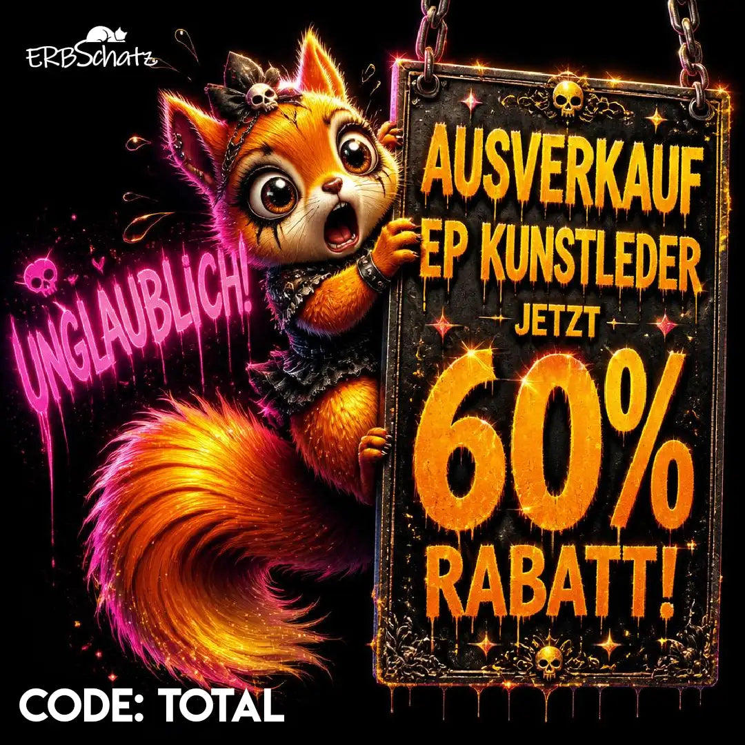 Ein Comic-Orangefarbener Fuchs mit einem schwarzen Totenkopf-Stirnband und einem glitzernd pink-orangen Schwanz hält ein dunkles, kunstvoll verziertes Schild hoch, auf dem 60 % Rabatt auf künstliches Leder beworben werden.