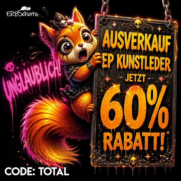 Ein Comic-Orangefarbener Fuchs mit einem schwarzen Totenkopf-Stirnband und einem glitzernd pink-orangen Schwanz hält ein dunkles, kunstvoll verziertes Schild hoch, auf dem 60 % Rabatt auf künstliches Leder beworben werden.