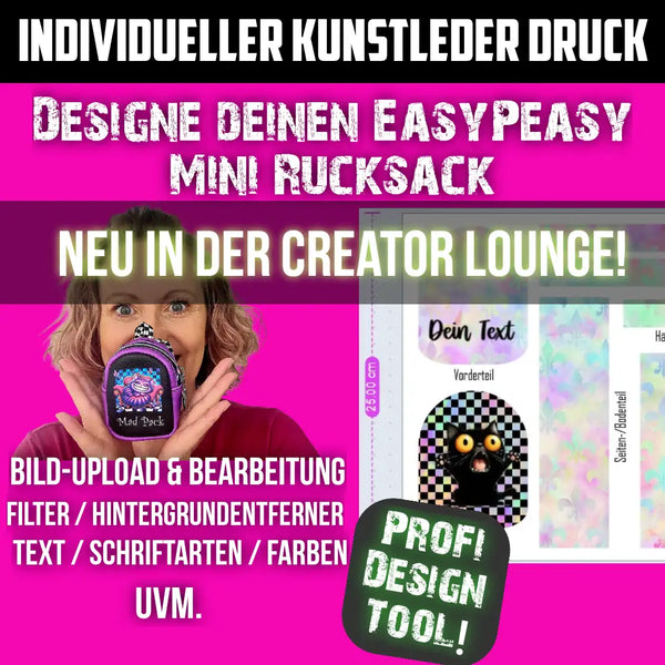 Lila Mini-Rucksack mit einem schwarzen Katzendesign und „Mad Hatter“-Text, aus maßgefertigtem, bedrucktem Kunstleder.
