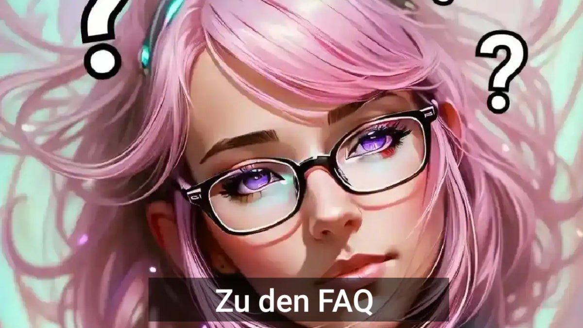 Eine Brille mit schwarzem Rahmen und elegantem, modernem Design, getragen von einer Figur im Anime-Stil.