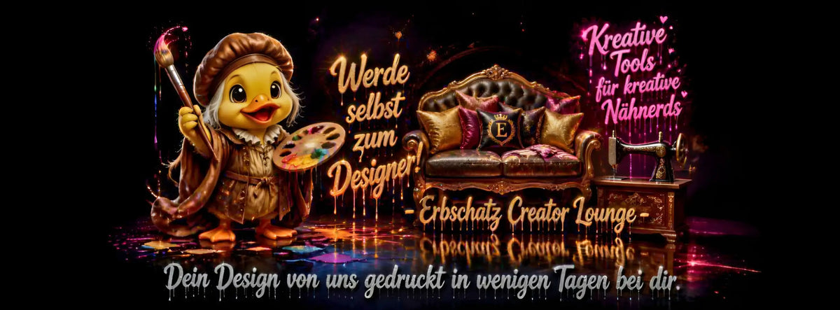Eine kuschelige, gelb-goldene Entenfigur, gekleidet als Künstler in einer braunen Baskenmütze und Robe, hält einen Pinsel und eine Palette.