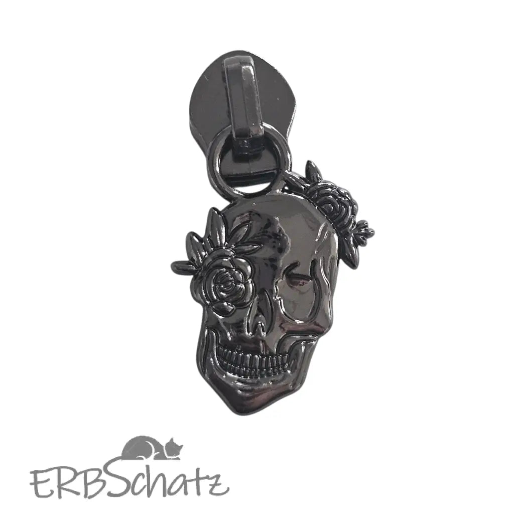 Zipper Skull Roses - Gun Metal